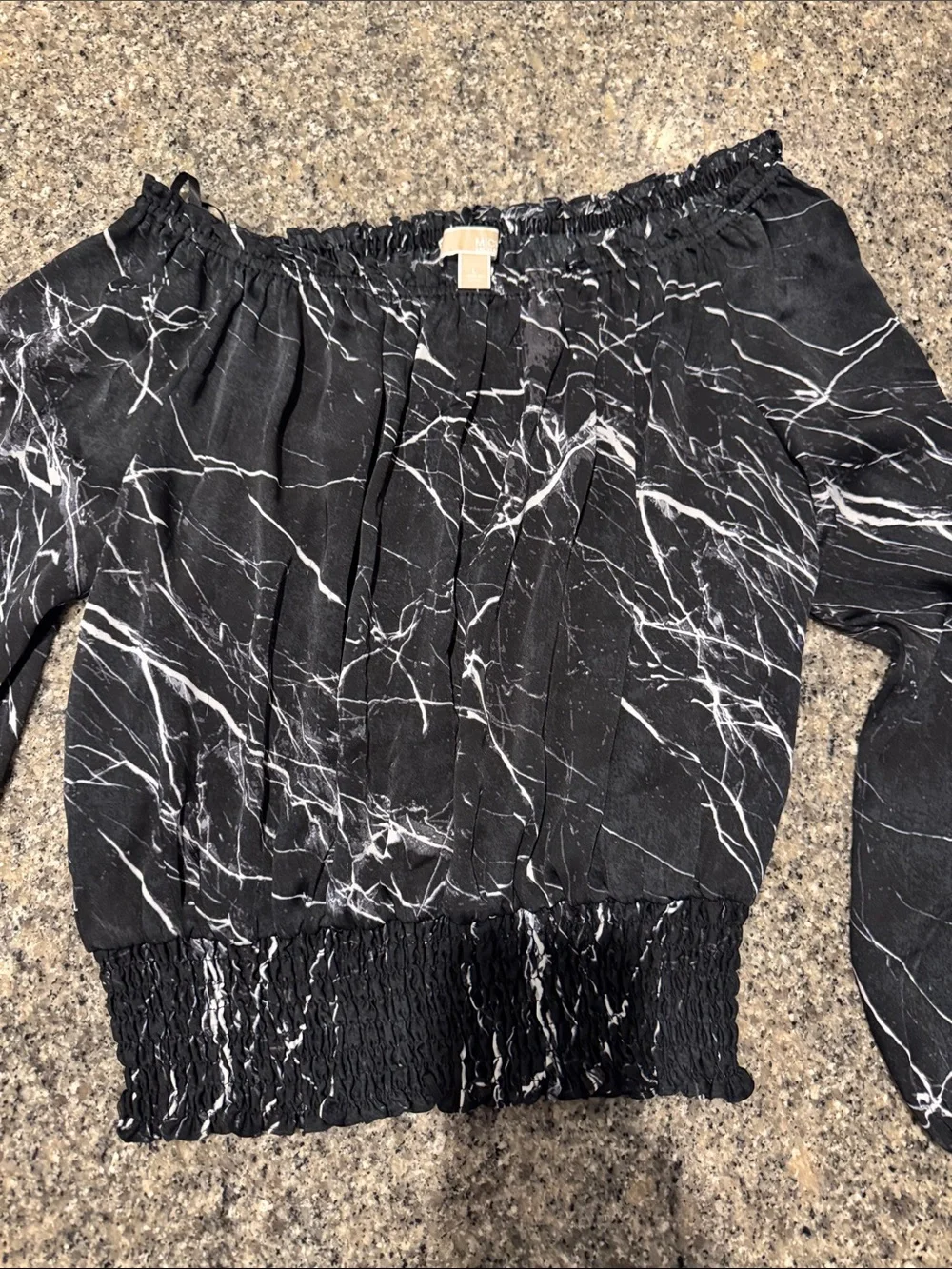 Michael Kors Black Marble-Print Off-Shoulder Blouse